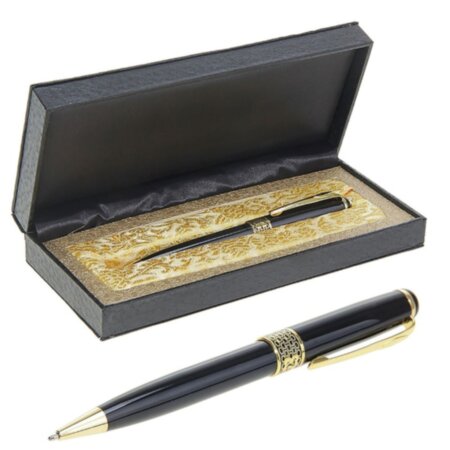 Ручка подарочная, шариковая "Респект" в кожзам футляре, чёрно-золотистая