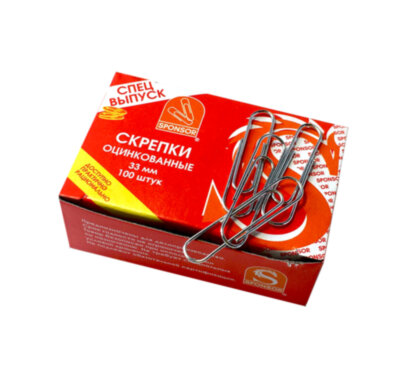 Скрепки канцелярские 33мм, 100шт, никелированные,