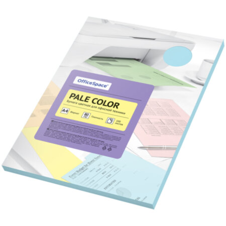 Бумага цветная А4 OfficeSpace Pale Color пастель голубая, 80 г/кв.м, 100 листов