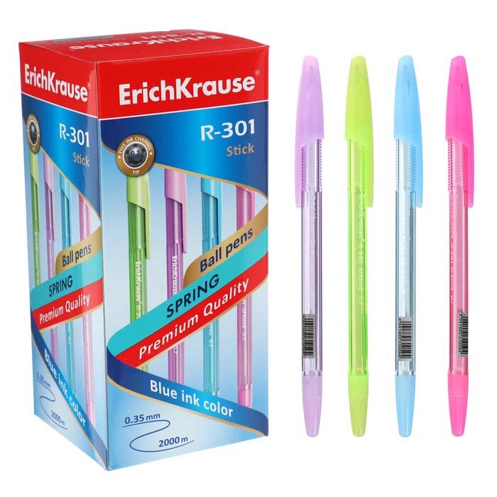 Ручка шариковая ErichKrause R-301 Spring Stick, узел 0.7 мм, чернила синие, микс