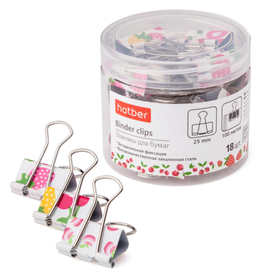 Зажимы для бумаг "Hatber", 25мм, 110л, печать "Fruity", 18шт в тубе 062832