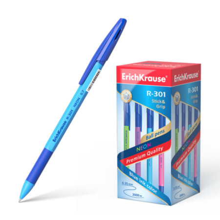 Ручка шариковая R-301 Neon Stick&amp;Grip , узел 0,7мм,  Erich Krause, чернила синяя