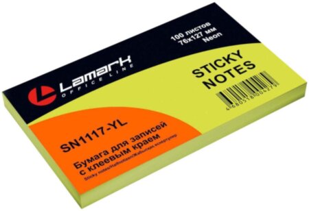 Бумага для заметок с клеевым краем Pastel Lamark 76x127 мм, 100 листов, неон желтая, SN1117-YL
