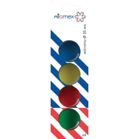 Магнит для доски офисной "Attomex" Ø 35 мм, 4 шт, цвета ассорти,в картонном блистере
