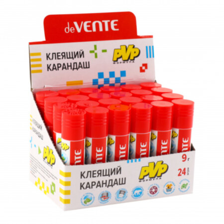 Клей-карандаш 9 гр, PVP, круглый, быстросохнущий deVENTE