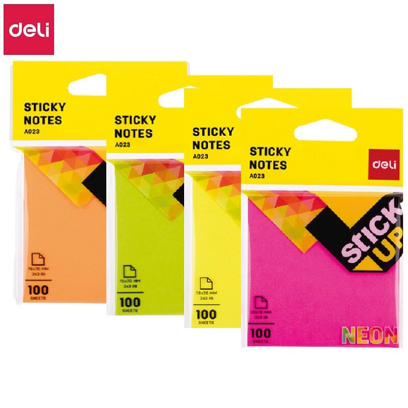 Клейкие листки DELI "Neon" 76х76 мм, ассорти неоновые, 100 листов